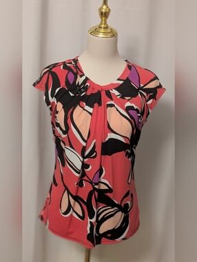 Worthington Coral Multicolor Floral Print Cap Sleeve Top